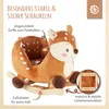 A plush deer-shaped rocking toy for children, presented with descriptive text and close-up details of its construction. Produktbild-Vorschau