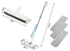 A flat mop with a sprayer and accessories, including replacement mop heads and a squeegee attachment, displayed against a white background with dimensions indicated. Anteprima dell’immagine prodotto