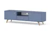 A blue TV lowboard with wooden legs on a white background. Produktbild-Vorschau