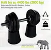 A product image showing a dumbbell supported by furniture risers, with text overlays and icons. Produktbild-Vorschau