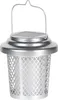A silver solar-powered lantern with a diamond-patterned grate. Produktbild-Vorschau