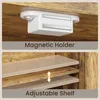 A split image showing a close-up of a magnetic holder on the top and adjustable shelves on the bottom, both against a wood-like background. Produktbild-Vorschau