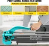 A person is using a manual tile cutter. The image also shows examples of different types of tiles that can be cut. Voir les images du produit