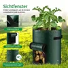 Dunkelgrüner Stoff-Kartoffel-Anzuchtbeutel mit klarem Aufrollfenster, das wachsende Kartoffeln im Inneren zeigt, auf einer grasbewachsenen Wiese Produktbild-Vorschau