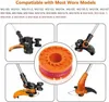 A collage of images showing different parts of a string trimmer head and a spool of trimmer line, with text listing compatible Worx models. Produktbild-Vorschau