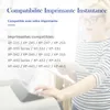 A woman wearing glasses and a striped shirt is looking at a tablet while standing near a printer. Text lists compatible printer models. Produktbild-Vorschau