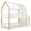 A white and natural wood bunk bed with a house-shaped frame, stairs, and storage. Podgląd zdjęcia produktu