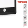 Close-up of a black outdoor light fixture with a motion sensor, next to marketing text and icons detailing its features. Produktbild-Vorschau