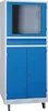 A tall, narrow cabinet with a glass-top section, a drawer, and two blue doors at the bottom, all mounted on wheels. Produktbild-Vorschau