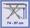 An illustration showing an ironing board at two different heights, with arrows indicating adjustability and a numerical range for height. Podgląd zdjęcia produktu