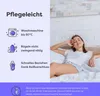 A woman relaxing in bed with text overlay describing product features. Produktbild-Vorschau