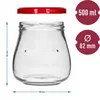 A clear glass jar with a red lid, shown with measurement indicators. Produktbild-Vorschau