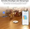 A robot vacuum cleaner is shown on a wooden floor next to a dog, with a smartphone displaying a cleaning map in the foreground. Produktbild-Vorschau
