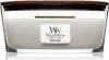 A WoodWick candle in a glass container with a wooden lid. Produktbild-Vorschau