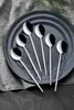 Six silver spoons are arranged on a dark gray plate, with a gray cloth and a sprig of greenery in the background. Náhľad obrázku produktu