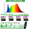 A collage of images showing a full spectrum light graph, dimming levels, four seedling trays under grow lights, and a timer control. Anteprima dell’immagine prodotto
