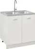 A white double sink with a silver faucet on a white cabinet. Náhled obrázku produktu