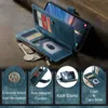 A blue leather wallet-style phone case with a Samsung Galaxy phone inside, displayed on a textured brown surface. Below the main image are four circular insets showcasing specific features of the case. Produktbild-Vorschau