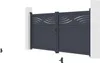 A dark gray aluminum double gate with decorative cutouts at the top, mounted between two white posts. Produktbild-Vorschau