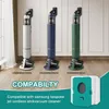 Three vacuum cleaners in different colors mounted on a wall, with a stack of vacuum bags in the foreground. Produktbild-Vorschau