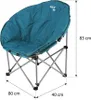 A teal camping chair with dimensions indicated by measurement lines and text. Produktbild-Vorschau