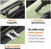 A collage of four images showcasing different features of a suitcase, with accompanying text descriptions. Produktbild-Vorschau