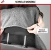 A person is shown putting a gray seat cover over a car headrest. Produktbild-Vorschau