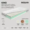 A cutaway view of a mattress showing its internal layers and materials, with accompanying text and icons detailing its features and specifications. Produktbild-Vorschau