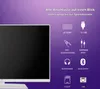 A white television screen is shown on the left, with a purple background on the right displaying icons and text describing various connection ports. Produktbild-Vorschau