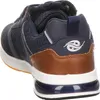 A close-up rear view of a navy blue sneaker with brown leather accents. Produktbild-Vorschau