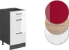 A kitchen cabinet unit and three circular swatches representing different material finishes. Anteprima dell’immagine prodotto