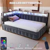 A modern bedroom with a corner bed featuring integrated LED lighting and a tablet. Voir les images du produit