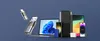 A collection of electronic devices and accessories arranged on a blue background. Produktbild-Vorschau