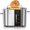 A silver toaster with a croissant and toast on a white background. Voir les images du produit