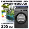 A dryer with an energy efficiency label and a graphic representing environmental sustainability. Produktbild-Vorschau