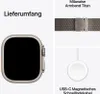 A collage showing an Apple Watch Ultra, a Milanese loop watch band, and a magnetic charging puck. Náhled obrázku produktu