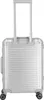 A silver aluminum trolley suitcase with a retractable handle and four wheels, shown from the front against a white background. Produktbild-Vorschau