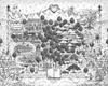 A black and white illustrated map of a fantasy world with various locations labeled. Voir les images du produit