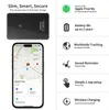A marketing image showcasing a slim card-like tracker and a smartphone displaying its location on a map. Produktbild-Vorschau