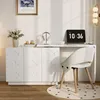 A modern home office setup with a white desk, chair, and cabinet. Produktbild-Vorschau