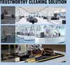 Collage of images showing cleaning solutions for garage, laboratory, and home. Voir les images du produit