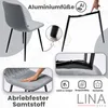 Collage of images showing details of a gray velvet dining chair, including its aluminum legs, fabric texture, and construction. Produktbild-Vorschau