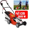 A lawnmower is shown in a studio shot and in use outdoors, with marketing text overlay. Produktbild-Vorschau
