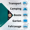 A green tarp with grommets is shown next to icons and text indicating different uses for tarps. Náhľad obrázku produktu