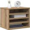 A wooden desk organizer with shelves, holding books and a vase with decorative reeds, and a white clock on top. Produktbild-Vorschau