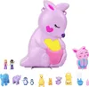 A collection of Polly Pocket toys, including a large kangaroo-shaped purse, smaller animal figures, and accessories, arranged on a white background. Podgląd zdjęcia produktu