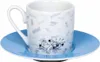A white espresso cup and saucer with a cartoon dog and comic book sound effects printed on it, set against a white background. Produktbild-Vorschau