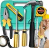 A collection of tools laid out in front of a teal toolbox, with a worker in the background. Produktbild-Vorschau