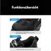 Close-up images of a black shoe with text overlays describing its features. Produktbild-Vorschau