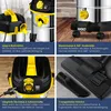 A collage of four images showcasing different features of a wet and dry vacuum cleaner. Produktbild-Vorschau